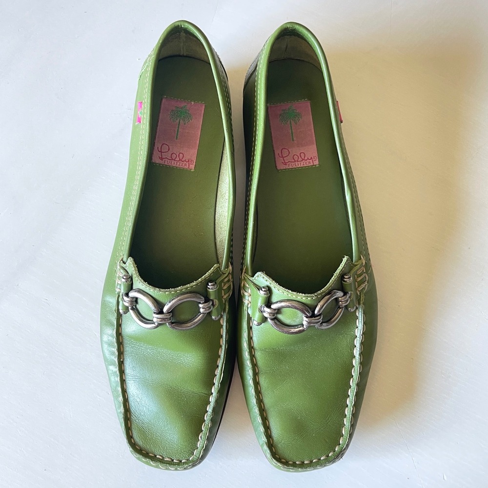 Lilly Pulitzer Leather Horsebit Loafers 9.5 Green Contrast Stitch Preppy Flats